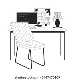 Minimalist home office with pc 2D linear cartoon objects. Computer on table in interior design isolated vector outline items. Workplace organization monochromatic flat spot illustration