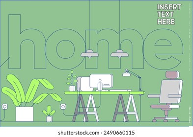 Minimalist home office poster with green backdrop and line art design, providing a calm and inviting space for creativity.