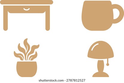 Minimalist home office setup featuring a desk, coffee mug, potted plant, and lamp