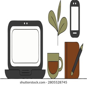 Minimalist home office workspace flat illustration with laptop coffee plant and notepad workspace notebook