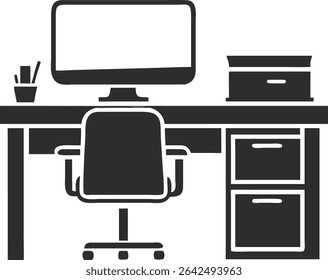 Minimalist home office workspace icon with computer monitor and rolling chair silhouette design