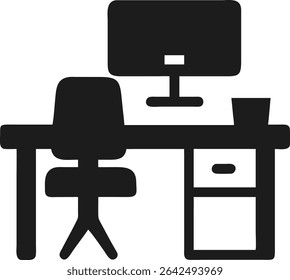 Minimalist home office workspace icon in black silhouette with chair and computer desk - Powered by Shutterstock - Get 15% off with code: PIKWIZARD15