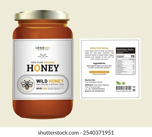 Minimalist honey label design with a bold honey logo and an organic ingredients list, perfect for bee natural product packaging.