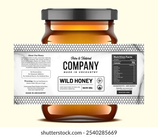 Minimalist honey label design template that features honeycomb patterns and includes nutrition product packaging details.