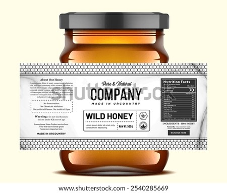 Minimalist honey label design template that features honeycomb patterns and includes nutrition product packaging details.