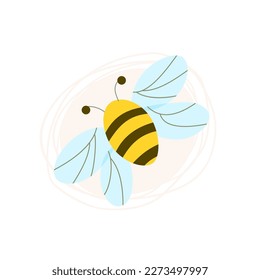 Minimalist honeybee in flight. View from above. Logo concept for beekeeping apiary, T-shirt print. Cute children's vector illustration in cartoon style on delicate background.   