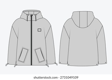 Chaqueta cortavientos con capucha minimalista Vector técnico de Plantilla plana.
Dibujo técnico de Vector de chaqueta unisex con cremallera y bolsillos ribeteados de Vertical.
Vista frontal y posterior plana del bosquejo de la ropa exterior con capucha simple para el diseño de moda.
Básico piso técnico de una parka con capucha con cordones ajustables en el dobladillo.
Vector de prototipo de chaqueta de streetwear esencial para la producción de prendas y paquete tecnológico.