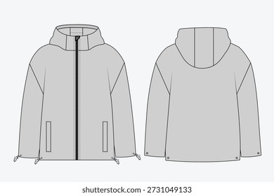 Chaqueta cortavientos con capucha minimalista Vector técnico de Plantilla plana.
Dibujo técnico de Vector de chaqueta unisex con cremallera y bolsillos ribeteados de Vertical.
Vista frontal y posterior plana del bosquejo de la ropa exterior con capucha simple para el diseño de moda.
Básico piso técnico de una parka con capucha con cordones ajustables en el dobladillo.
Vector de prototipo de chaqueta de streetwear esencial para la producción de prendas y paquete tecnológico.