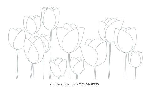 Borda horizontal minimalista de flores de tulipa estilizadas em estilo de arte de linha cinza fino em um fundo branco limpo para estacionário.