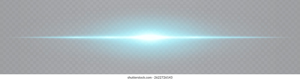 Minimalist horizontal turquoise lens flare glowing on transparent background. Abstract sleek beam ideal for UI elements, digital designs, futuristic visuals. EPS vector illustration.