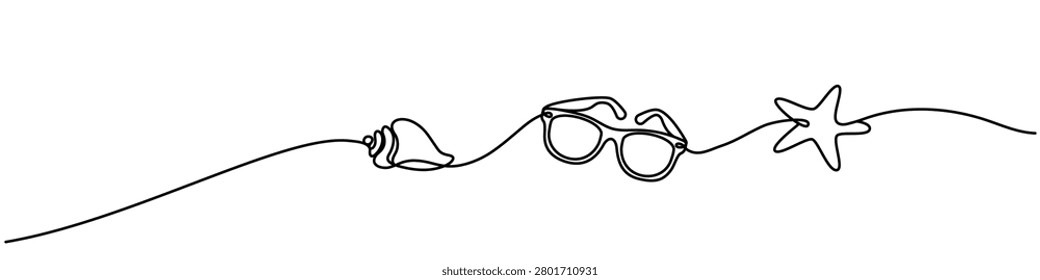 A minimalist horizontal vector banner showcasing essentials for a summer beach vacation, executed in an elegant, continuous single-line style: a shell, sunglasses, and a starfish. Editable outline.