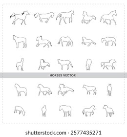 Minimalist horse sketches, simple line drawings continuous line art, various horse poses, grazing horses, veterinary diagrams, animal wildlife sketches.