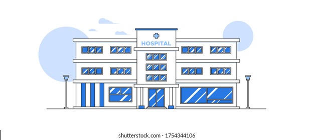 Minimalist Hospital Building Line Art Illustration. Medical Architecture In Modern Style. 