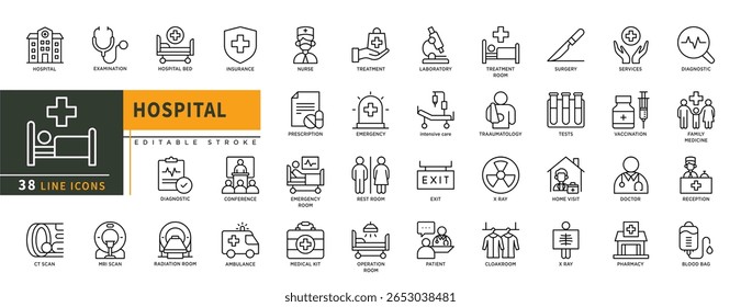 Minimalista linha de ícones do hospital definido com traço editável, com exame., cama de hospital, seguro, enfermeiro, laboratório, traumanologia, sala de descanso, raio-x, paciente, médico.