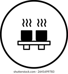 Minimalist hot drink icon showcasing two steaming cups on a platform within a circle