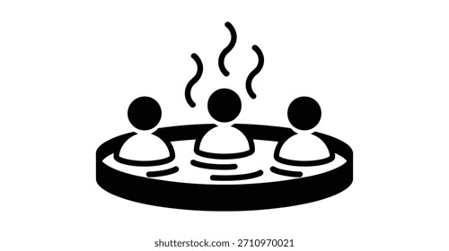 Icono minimalista de aguas termales con tres personas relajándose en un baño de vapor, diseño simple de silueta negra ideal para instalaciones de spa, centros de bienestar, símbolos de relajación, señalización de turismo y servicio