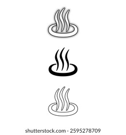 Minimalist hot spring icons set in black and white. Three simple designs solid, outline, and shaded ideal for spa, wellness, and travel graphics.