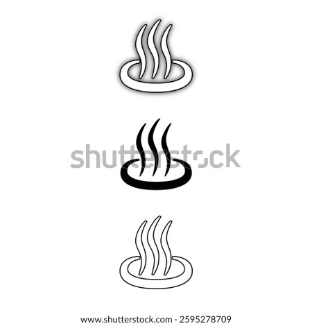 Minimalist hot spring icons set in black and white. Three simple designs solid, outline, and shaded ideal for spa, wellness, and travel graphics.