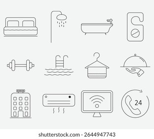 Minimalist hotel service line icons on light background, including bed, shower, bathtub, room service, gym, pool, Wi-Fi, air conditioning, and 24-hour support