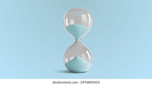 Reloj de arena minimalista con arena azul sobre fondo claro. Reloj de arena minimalista lleno de arena azul, sobre un fondo azul claro. Simbolizando el tiempo, la paciencia. Vector