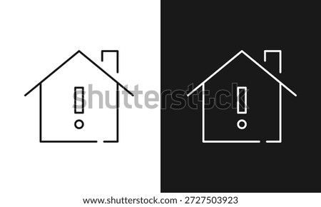 Minimalist House Alert Icon Featuring Exclamation Mark Inside Home Outline with Chimney in Split Black and White Contrast, Line Art Symbol for Safety, Emergency, Notification, and Smart Home Interface