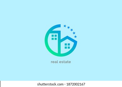 minimalist house building with five star trendy color logo for real estate and construction