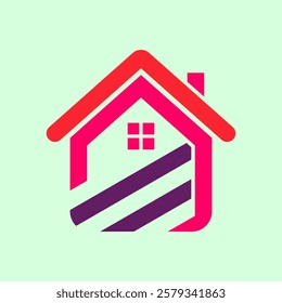 Minimalist house design with a red roof, pink window panes, and purple diagonal stripes. Light mint green background. Ideal for real estate and home improvement branding.