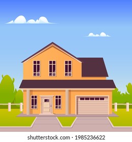 Minimalist house graphic vector illustration. Home yard, car garage and trees.