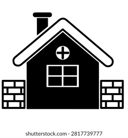 Minimalist house icon with chimney window cross symbol and brick wall fences for real estate design