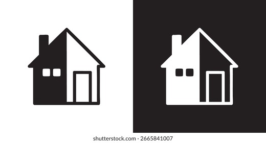 Ícone de Casa Minimalista - Meio Sólido, Meio Contorno com Chaminé e Janelas