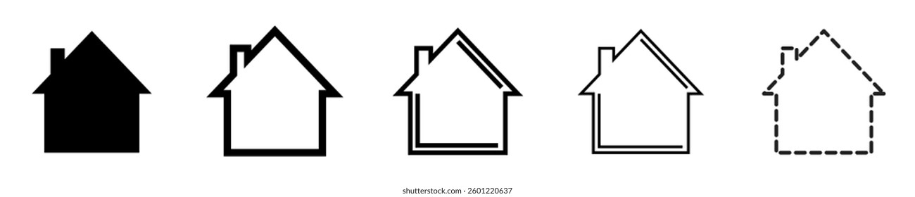 Minimalist house icon set with five variations including solid, outlined, double-line, and dashed styles. Perfect for real estate, architecture, home-related design, and UI UX projects.
