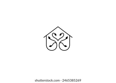 Minimalist house line logo with leaf decoration