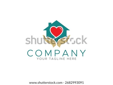 Minimalist House Logo, Held by Caring Hands with an Integrated Red Heart Symbol