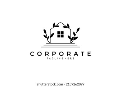 logotipo de casa minimalista con plantas alrededor