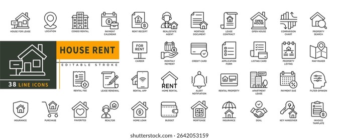 Minimalist house rent line icons set with editable stroke, property, buying, renting, house, rental fee, rental app, purchase home loan, mortage documen, home, insurance. thin linear illustration.