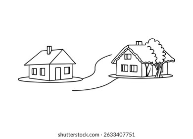 Casas Minimalistas Conectadas Por Un Camino En Blanco Y Negro Estilo De Contorno