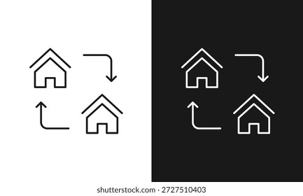 Ícone de ciclo habitacional minimalista com três casas conectadas com setas circulares em contraste preto e branco dividido, arte de linha limpa para troca de propriedades, fluxo imobiliário e transição residencial