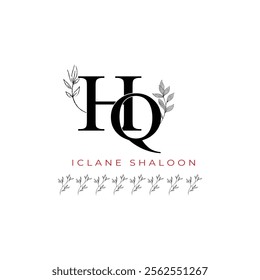 Minimalist HQ Monogram with Botanical Illustration.Elegan Initial QH Logo with Floral Element. Wedding logos, hand drawn elegant, delicate and minimalist,black and white vintage logo for beauty shop.