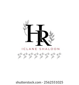 Minimalist HR Monogram with Botanical Illustration.Elegan Initial RH Logo with Floral Element. Wedding logos, hand drawn elegant, delicate and minimalist,black and white vintage logo for beauty shop.