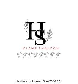 Minimalist HS Monogram with Botanical Illustration.Elegan Initial SH Logo with Floral Element. Wedding logos, hand drawn elegant, delicate and minimalist,black and white vintage logo for beauty shop.