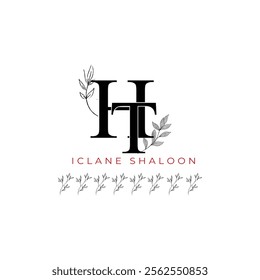 Minimalist HT Monogram with Botanical Illustration.Elegan Initial TH Logo with Floral Element. Wedding logos, hand drawn elegant, delicate and minimalist,black and white vintage logo for beauty shop.