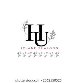 Minimalist HU Monogram with Botanical Illustration.Elegan Initial UH Logo with Floral Element. Wedding logos, hand drawn elegant, delicate and minimalist,black and white vintage logo for beauty shop.