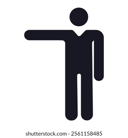 Minimalist human figure, black Minimalist human figure, black silhouette, pointing gesture, directional sign, simplified icon design, stark contrast, white background, geometric shapes.