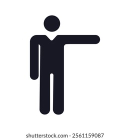 Minimalist human figure icon, pointing gesture, black silhouette, universal symbol, simple design, directional sign, geometric shapes.