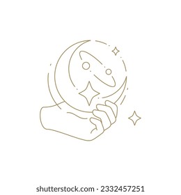 Minimalist human hand holding half moon star esoteric galaxy planet line art icon vector illustration. Monochrome arm magic space spiritual wellness beauty care natural elegant cosmetic isolated