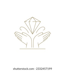 Minimalist human hands holding bright jewelry gem brilliant carat premium golden line art icon vector illustration. Monochrome arms glow gemstone luxury jewellery beauty care decorative emblem