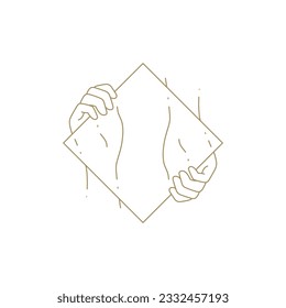 Minimalist human hands holding transparent glass rhombus border golden line art icon vector illustration. Monochrome arms with copy space blank squared geometric frame decorative design label