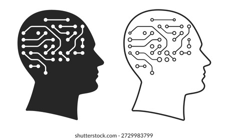 Silueta de cabeza humana minimalista con un intrincado patrón de placa de circuito. Concepto ideal para IA, inteligencia digital y tecnología de redes neuronales. Ilustración vectorial con trazo editable