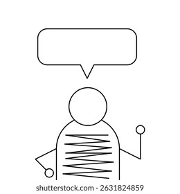 Minimalist Human Icon with Speech Bubble Outline. A clean, minimalist line art illustration of a human figure with a rectangular speech bubble above.