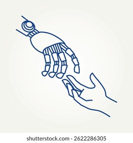 minimalist human and robot hands reaching for each other line art icon logo vector illustration design. simple modern collaboration between humans and robots logo concept